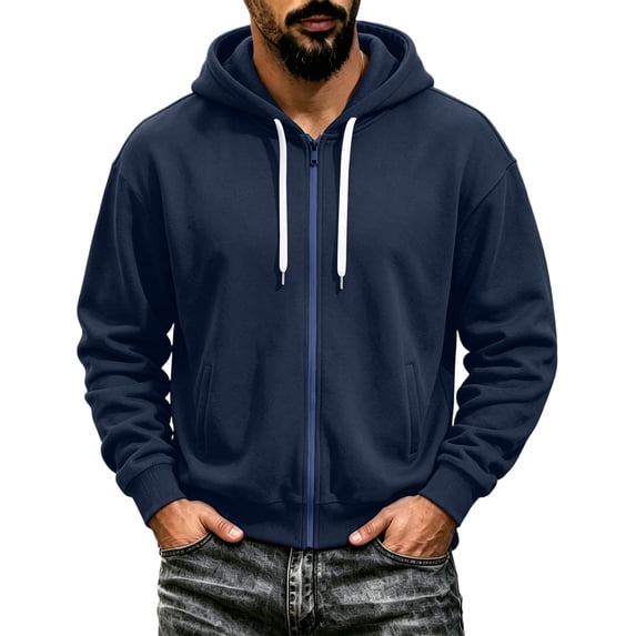 cllios Mens Zip up Hoodie Full Zip Hooded Sweatshirt with Pockets Drawstring Solid Color Long Sleeve Fall Winter Casual Hoodies for Men Navy S-XXXL