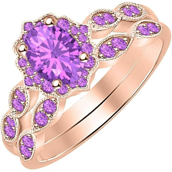 14K Rose Gold-Plated 925 Sterling Silver Oval Shape Amethyst Vintage Style Wedding Engagement Bridal Ring Set For Womens