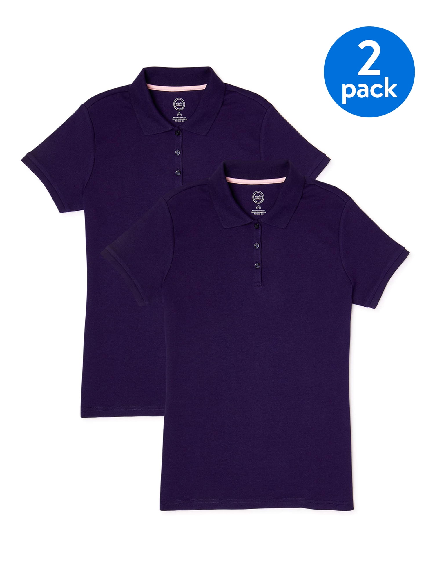 Wonder Nation Girls School Uniform Short Sleeve Interlock Polo Shirt, 2-Pack, Sizes 4-18