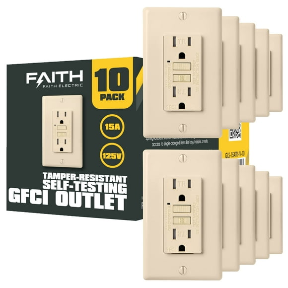 Faith 15A Prise GFCI, Certifiée ETL, Réceptacles Duplex GFI Résistants à l'Inviolabilité avec Indicateur LED, Interrupteur de Circuit de Mise à la Terre avec Plaque Murale, Lot de 10, Ivoire