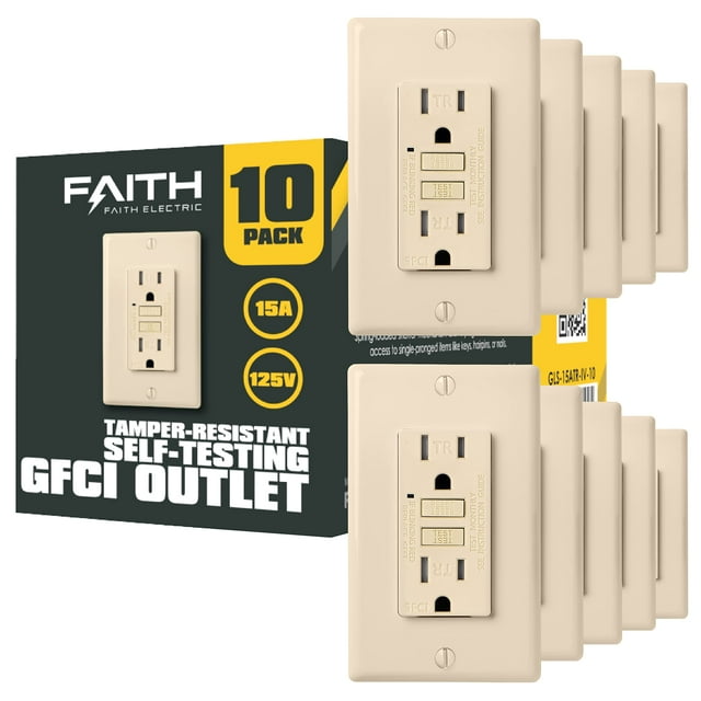Faith 15A GFCI Outlet, ETL Listed, Tamper-Resistant GFI Duplex Receptacles with LED Indicator, Self-Test Ground Fault Circuit Interrupter with Wall Plate, 10-Pack, Ivory