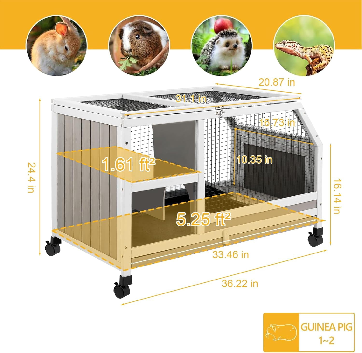 PETSCOSSET Guinea Pig Cage Indoor, Large Small Animal Cage on Wheels with Ramp & Hideout, Easy Clean Hamster Cage with Deep Pull-Out Tray for Rabbit, Hedgehog, Gerbil, Rat, Chinchilla
