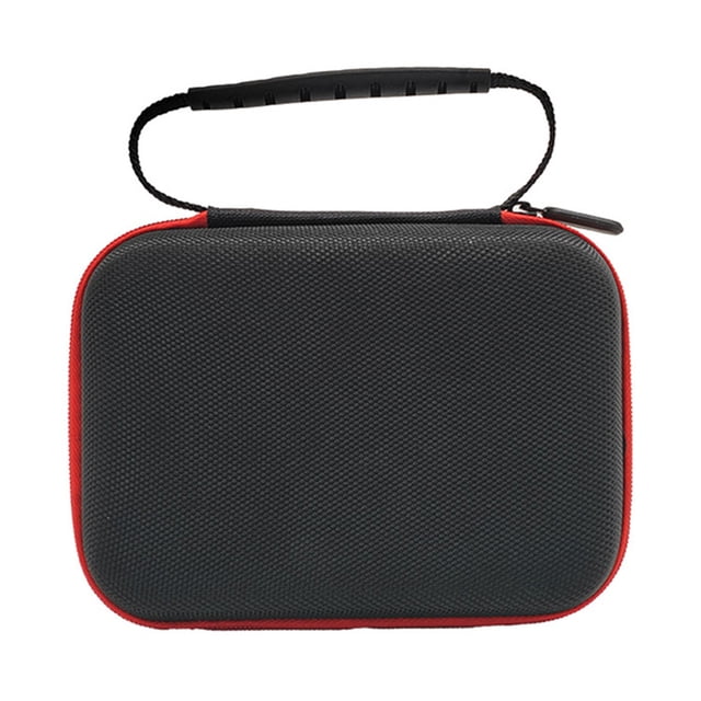 almacenamiento funda para consola juegos portátil organizadora anbernic rg406v/rg405v a prueba golpes antiarañazos con malla Negro con borde rojo, vista frontal centrada de estuche rígido de tela Oxford 170×130×50 mm con asa superior y cremallera perimetral; interior forrado en terciopelo con bolsillos de malla y correas elásticas para asegurar la consola, protección 360°. También apto para guardar accesorios portátiles en viajes.
