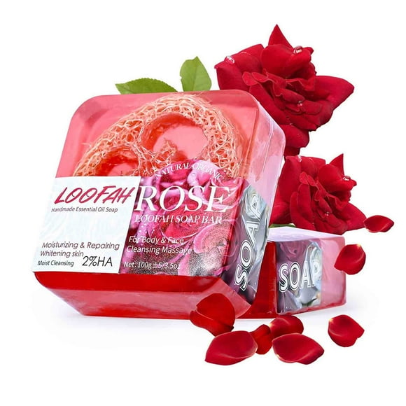 Jienlioq Rose Oil & Loofah Lemon Soap Bar - Exfoliating Body Cleanser for Sensitive Skin, Dark Spot Corrector, Oil Control, Even Skin tone, Deep Pore Cleansing, Sea Bath, All Skin Types
