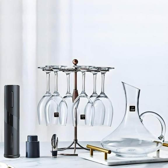 Bronze Wine Glass Holder Stand, Antiqued Countertop Freestanding Stemware Drying Rack, Artistic Tabletop Glass Display Hanger With 6 Hooks for Home and Bar Storage