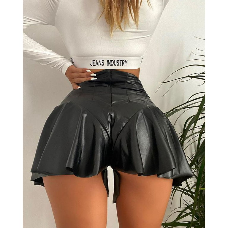 Puloru New sexy PU leather short skirt high waist fashion A-line mini skirt  