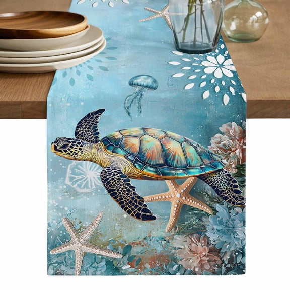 Coastal Sea Turtle Table Runner, Vintage Teal Nautical Beach Botanical Washable Cotton Linen Table Runners 48 Inches Long, Dresser Scarf Runner for Nightstand/Coffee/End Tables 13''x48''