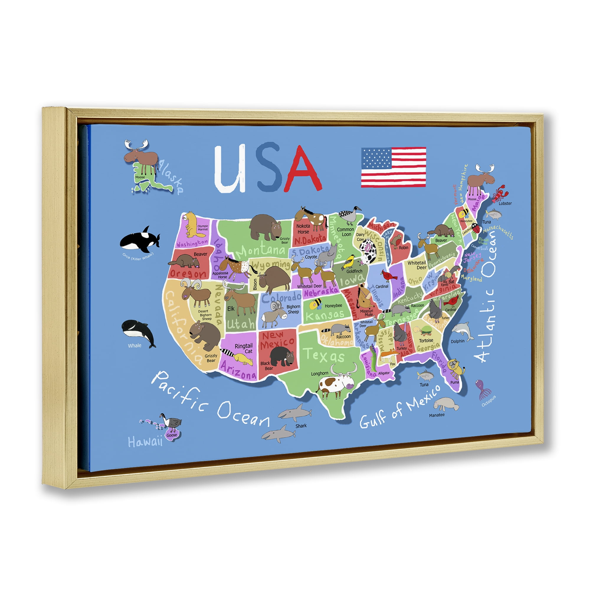 Stupell Industries United States Animal Map Town & City Painting Gold Floater Framed Art Print Wall Art, 31 x 21