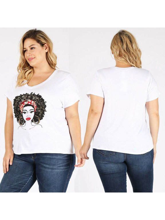 Women Plus Size Short Sleeve Afro & Hoops Graphic Tee Metallic White