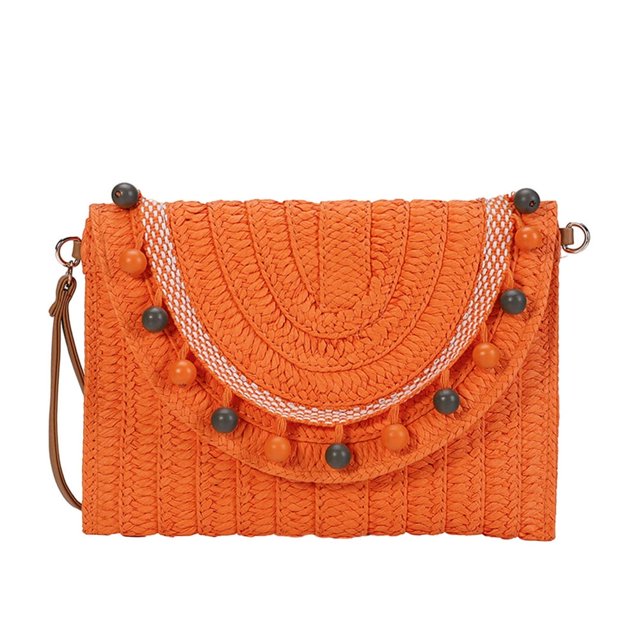 Women Envelope Wallet Detachable Shoulder Strap Clutch Boho Chic Straw Shoulder Bag with Beads Spacious Crossbody Wallet