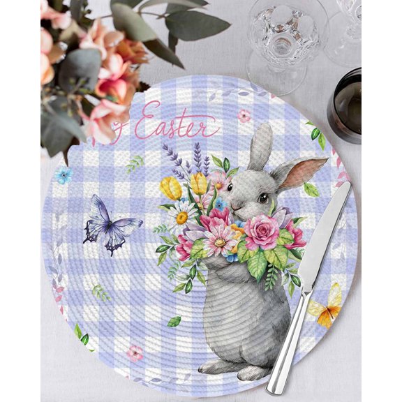13 Inch Round Placemats Set of 6, Happy Easter Non Slip Heat Insulation PP Table Mats, Cute Bunny Spring Flowers Butterfly Purple Plaid Washable Place Mats for Kitchen Dining Party Table Decor