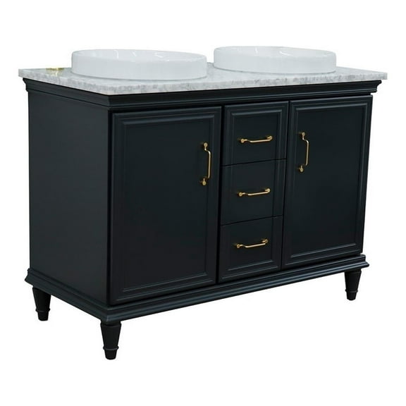 49 in. Double Wooden Vanity Dark Gray with White Carrara Round Sink