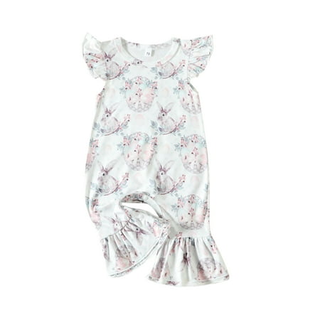

Emmababy Adorable Bunny Print Casual Jumpsuit with Flying Sleeves for Baby Girls