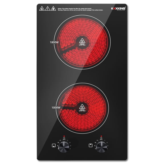 12 Inch 2 Burner Electric Cooktop, 1800W Ceramic Electric Stove Top, 120V Plug-in Radiant Countertop & Built-in Cooktop, 11 Heat Levels, Knob Control, Residual Heat Indicator