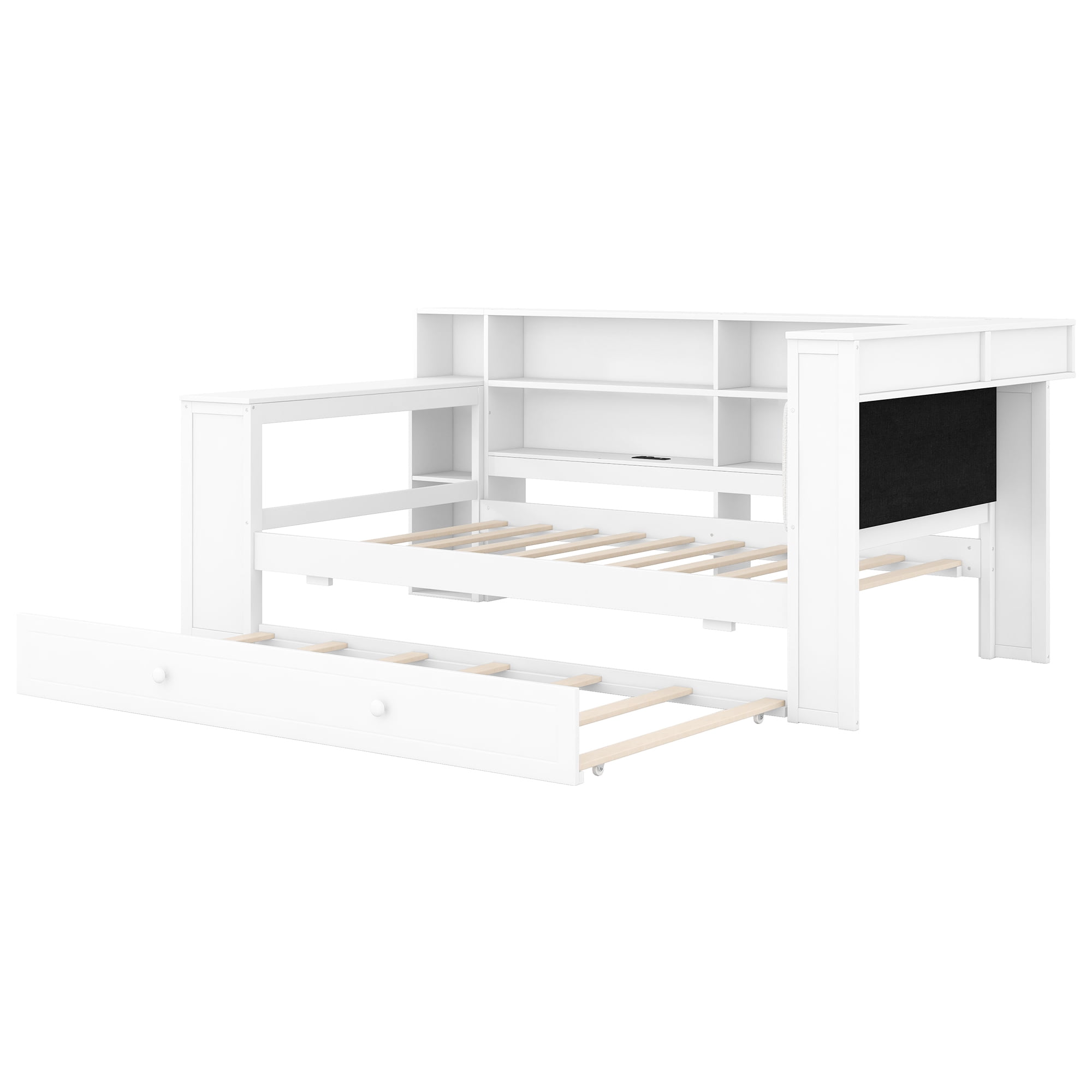Euroco Wood Twin Size Platform Bed with Desk and Trundle, Storage Bed with Shelves, LED Light and USB Charging, White