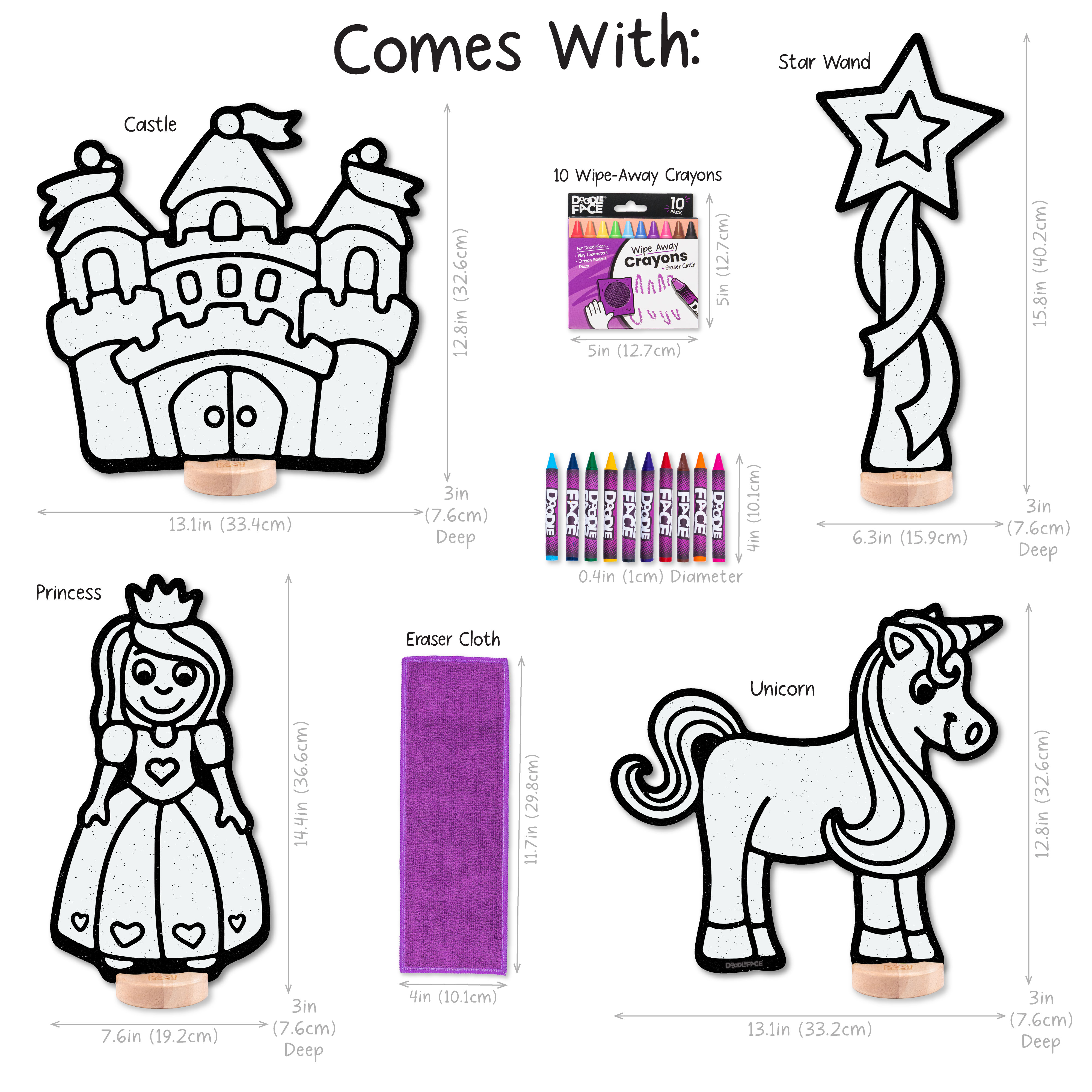 Fairytale Toy Set for Kids: Color, Play, and Wipe Away with Crayons and Eraser. Educational Reusable Coloring Toy with Castle, Princess, Unicorn, Star Wand.