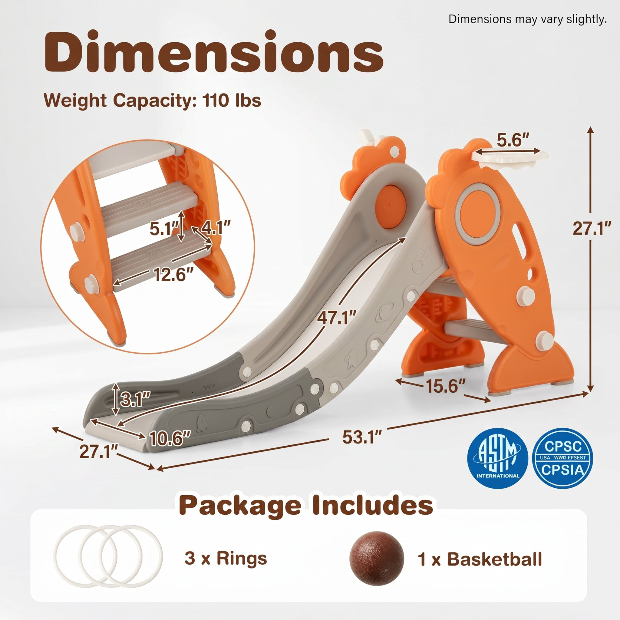 Kadyn Toddler Slide Kids Slide, 4 in 1 Indoor Slide for Kids Age 3+ Years with Basketball Hoop and Rings, Orange