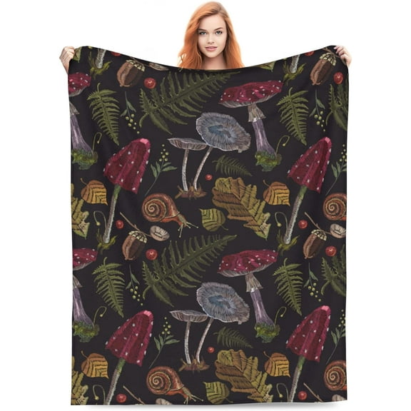 Wild Mushroom Blanket Plant Autumn Leaves Throw Blankets Gifts for Kids Adults Farmhouse Style Snail Print Lightweight Soft Fleece Cozy for Sofa Couch Bed Chair Room Birthday Decor 50x60in