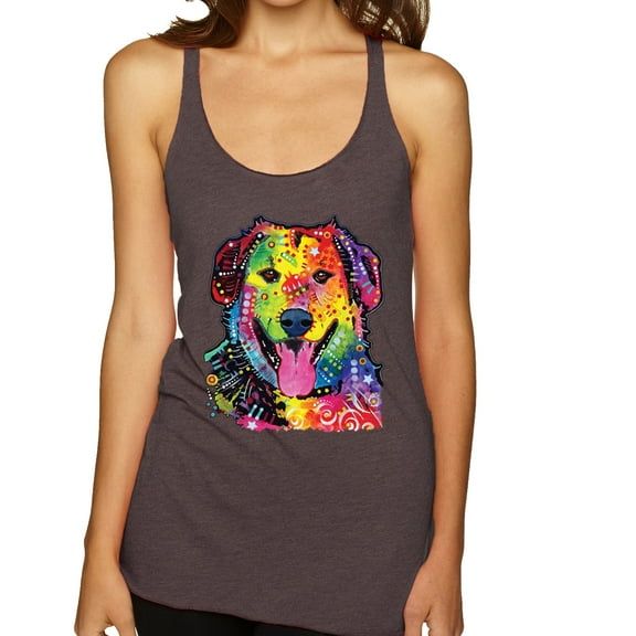 Smiling Dog | Colorful Neon Golden Retreiver | Dean Russo Art Animal Lover Tri-Blend Racerback Tank Top, Brown, X-Large