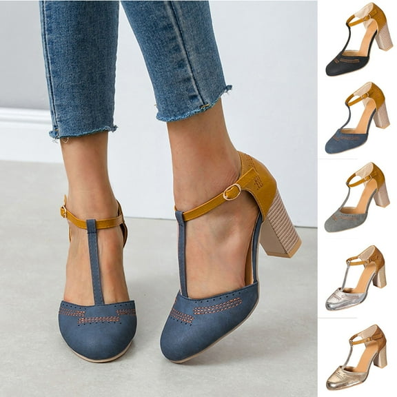 Hinvhai Mary Jane Pumps Chunky Heels for Women Round Toe T-Strap Sandals Summer Oxford Shoes with Hollow Silver 9.5(43)