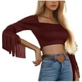 thumbnail image 1 of HongQid Fringe Tops for Women Western Cowgirl Fall Long Sleeve with Tassels Stretchy Crop Shirts Blouses, 1 of 4