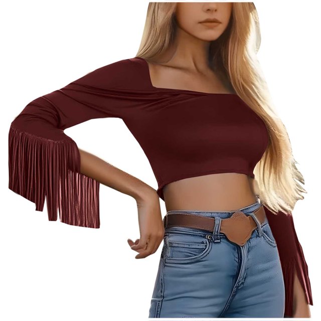 HongQid Fringe Tops for Women Western Cowgirl Fall Long Sleeve with Tassels Stretchy Crop Shirts Blouses