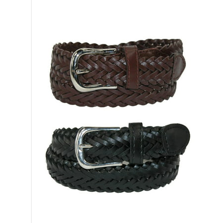 Size Large Boys Leather Adjustable Braided Dress Belt (Pack of 2 Colors), Black and