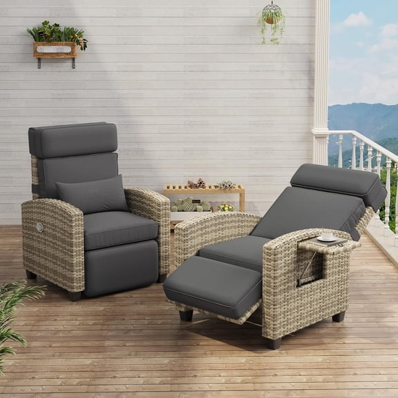 Outdoor Rattan Recliner Chair Set of 2, Adjustable 150° Lay Flat Lounge, Removable Cushions, Wicker Patio Chairs with Turn Over Table for Backyard, Lawn, Patio