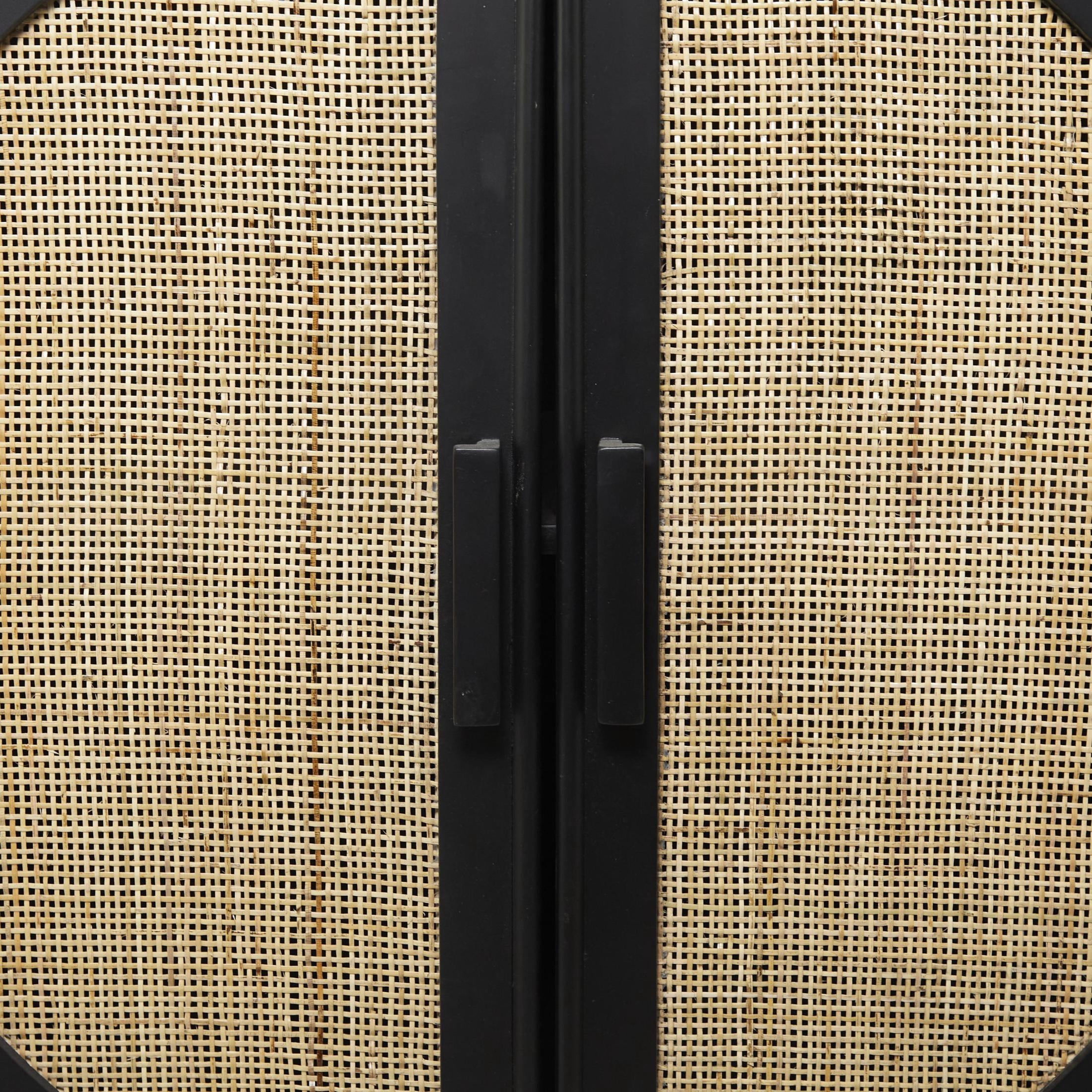 DecMode 36" x 43" Black Wood Square 2 Door Geometric Cabinet with Circular Rattan Accent, 1-Piece