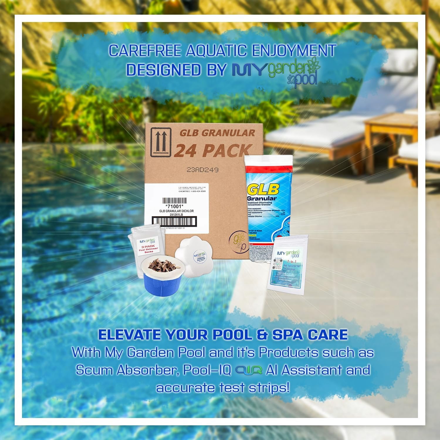 GLB Granular Chlorine 71001A 24 LB 1 LB x 24 - Stabilized Fast Dissolving Pool Sanitizer, Calcium-Free, Shock Treatment Ready, with My Garden Pool Test Strips & Skimmer Socks and Scum Sponge