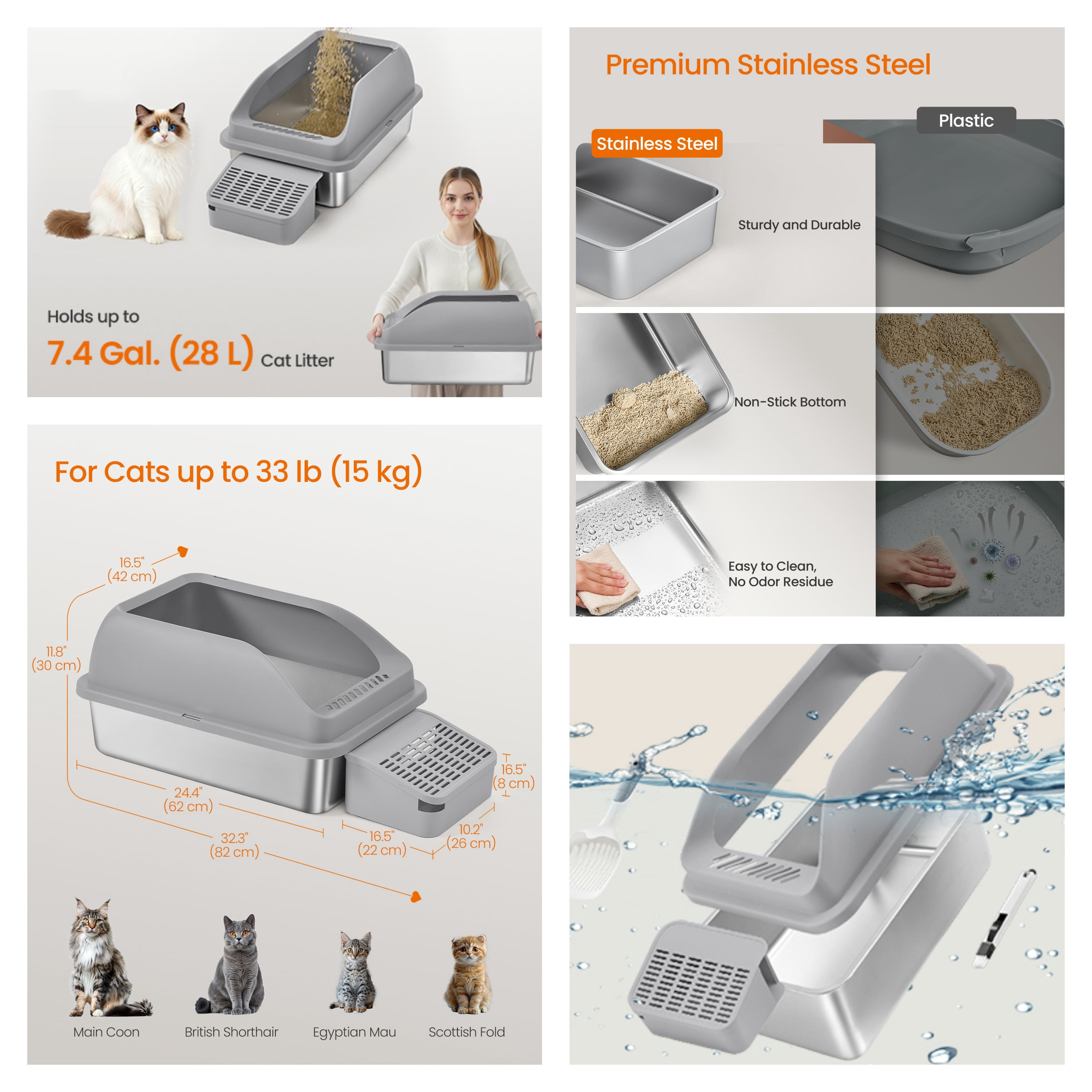 LEDREM Stainless Steel Open Top Cat Litter Box with Step, High-Sided Litter Tray for Cats up to 33 lb, Slate Gray