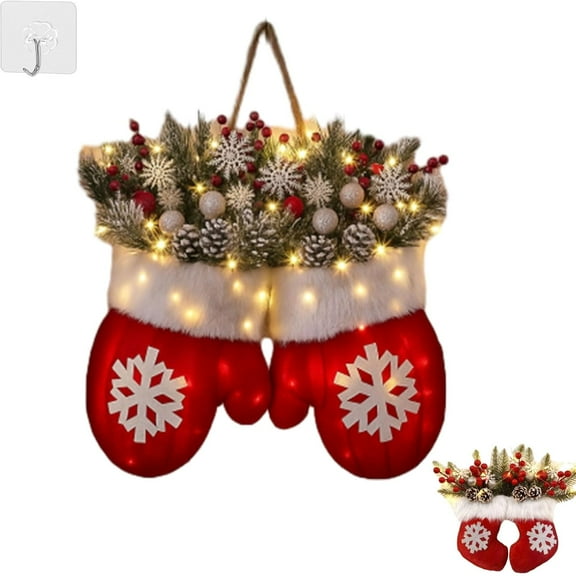 Twinkling Christmas Mitten Wreath with 120 LED Lights, Lighted Christmas Wreath, Christmas Glove Wreath for Party Wall Decoration