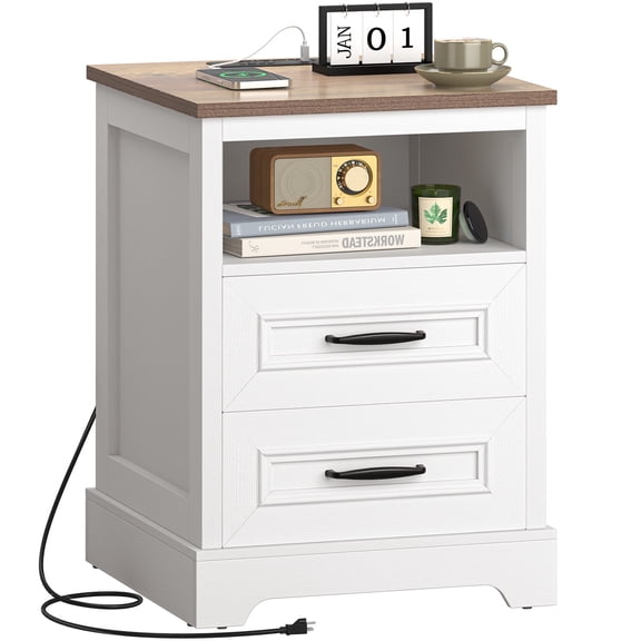 Farmhouse Nightstand with Charging Station and 2 drawers, Rustic Wood Bed Side Tables with Open Storage Shelf, Bedroom Living Room,White
