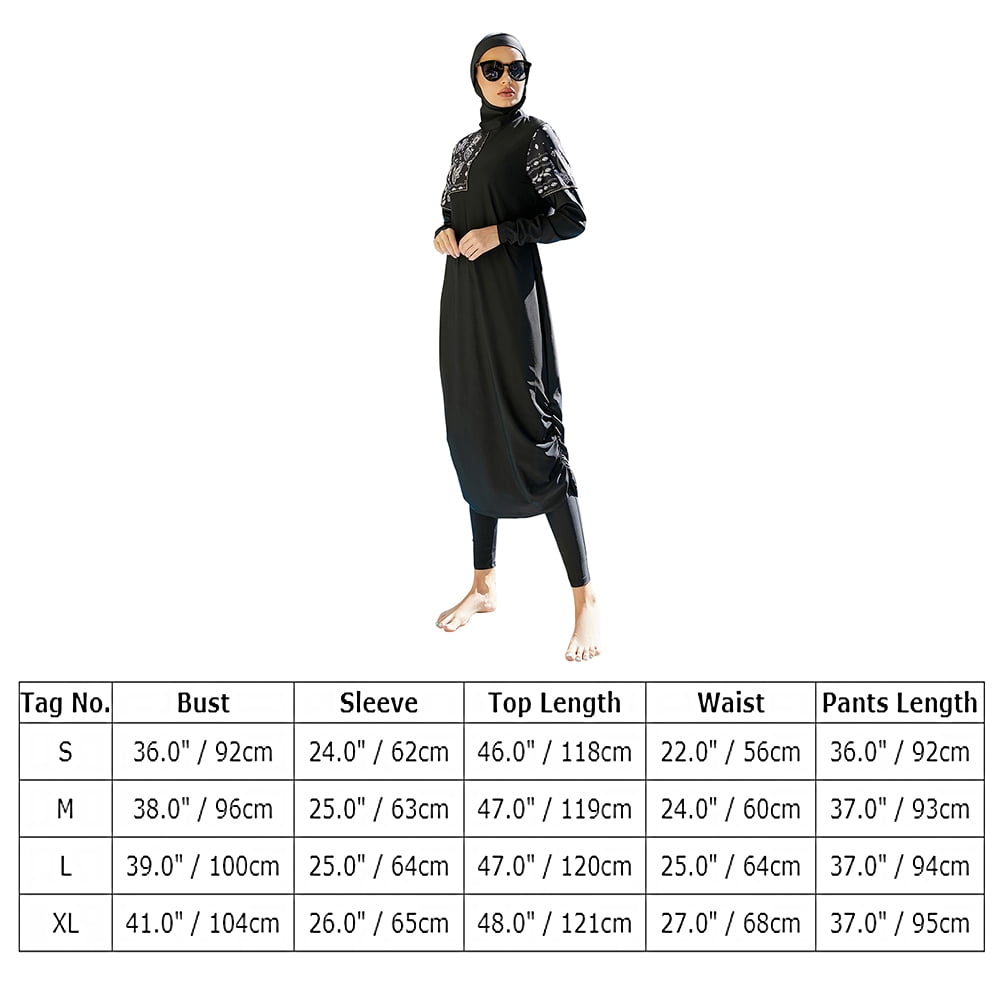IBTOM CASTLE Muslim Swimsuits for Women Modest Islamic Arabic Swimwear Burkini Full Cover Hijab Top Pants Swimming Cap Bathing Suits XL Black - Ruched Hem