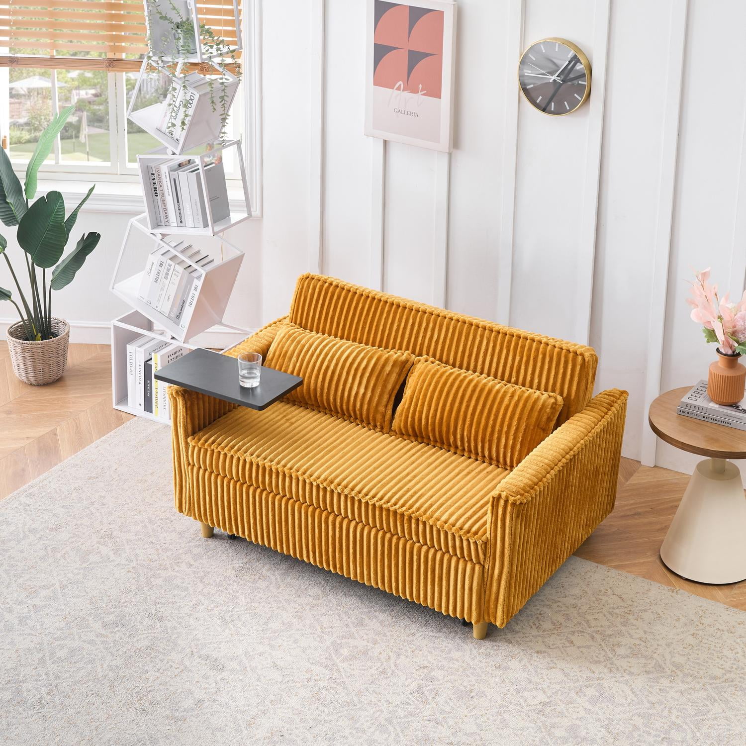 54"W Convertible Sleeper Sofa Bed,3-In-1 Corduroy Pull Out Couch Bed,Futon Loveseat Sleeper Couch with Adjustable Backrest and USB Ports & Side Table for Living Room,Office,Small Space,Yellow