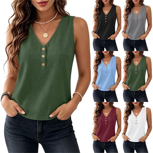 Neewe Womens Tank Tops Summer Sleeveless Loose Fit Tops V Neck Button Shirts Basic Tees Dressy Casual Trendy Clothes