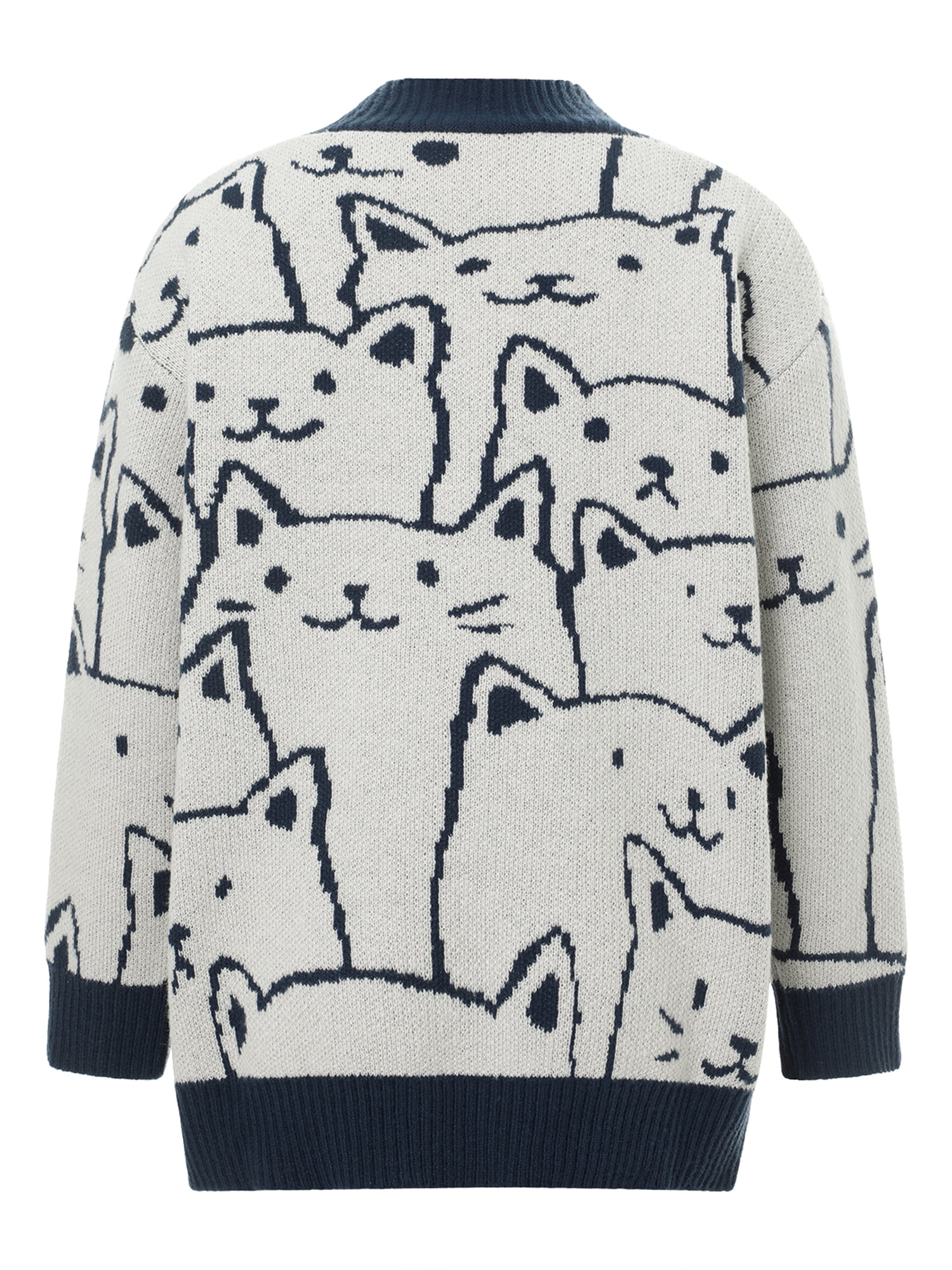 Women Cat Print Knitted Cardigan V Neck Button Down Long Sleeve