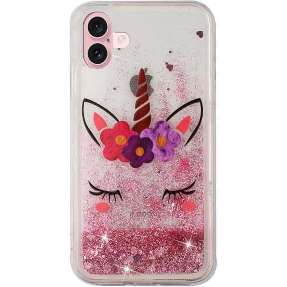 Case for iPhone 16, iPhone 16 Case Cute Pink Glitter Luxury Sparkle Liquid for Girls Women Quicksand Clear Soft TPU Protective Cover for iPhone 16 6.1 inch Wink Unicorn