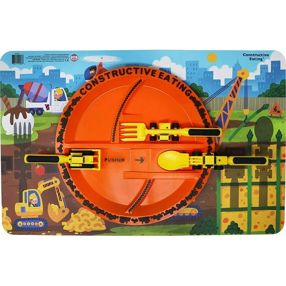 Constructive Eating Made in USA Construction Combo Set of 3 Utensils, Plate & Placemat for Toddlers, Infants, Babies and Kids - Made With Materials Tested for Safety