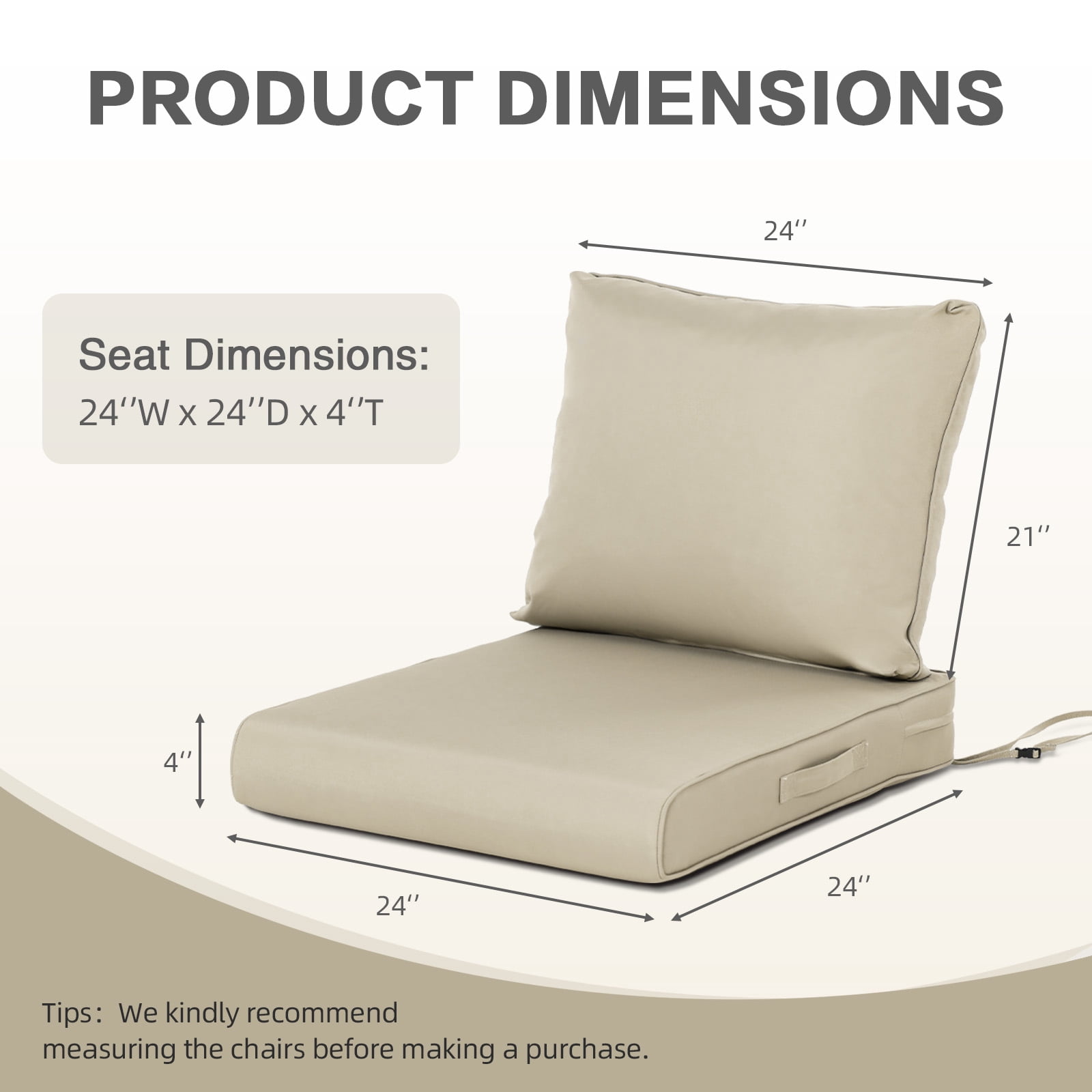 Aoodor Outdoor Chair Cushions Set, 24"x24", Water and Fade Resistant Patio Furniture Deep Seat Cushions, Khaki