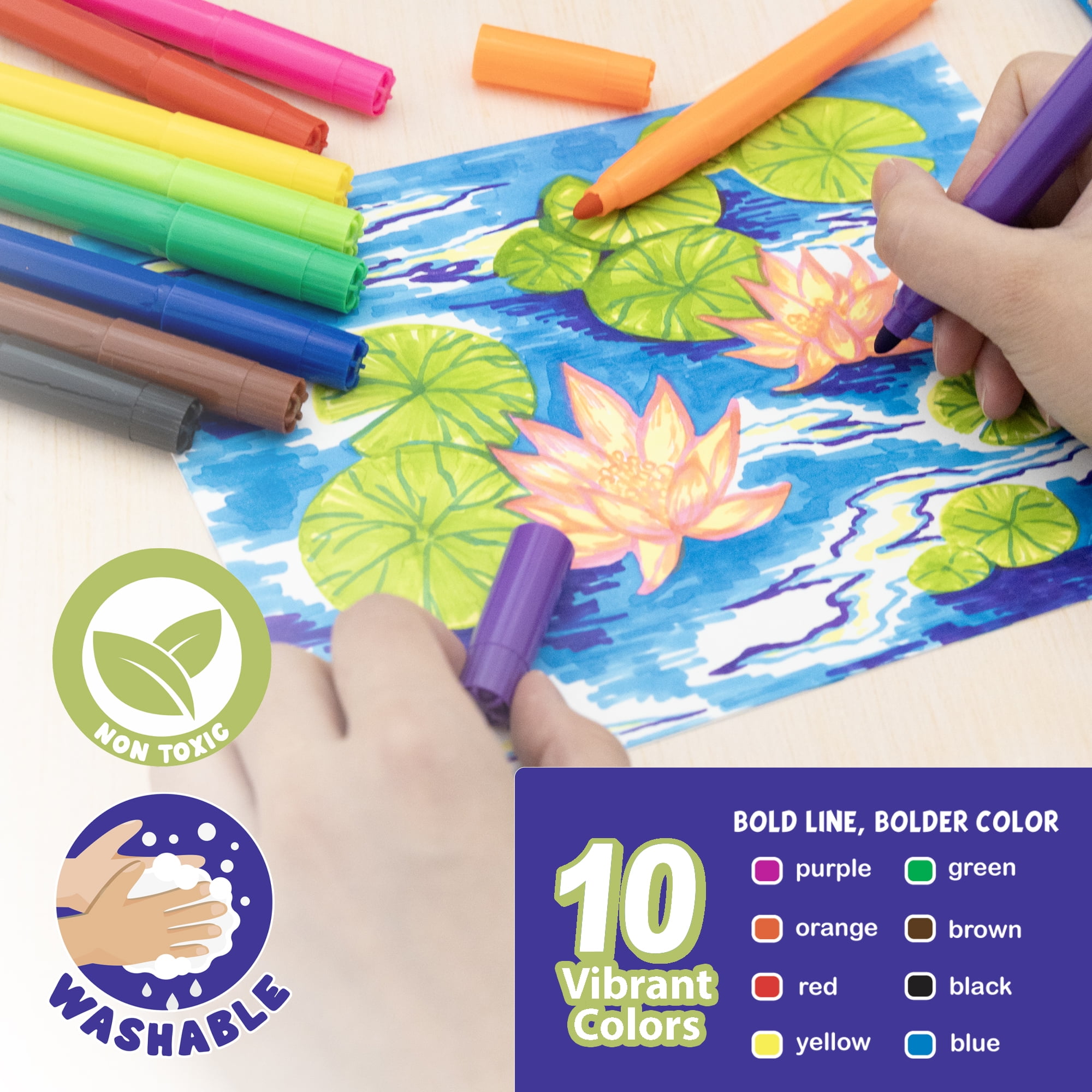 BAZIC Washable Markers 10 Color Jumbo Coloring Marker (10/Pack), 24-Packs