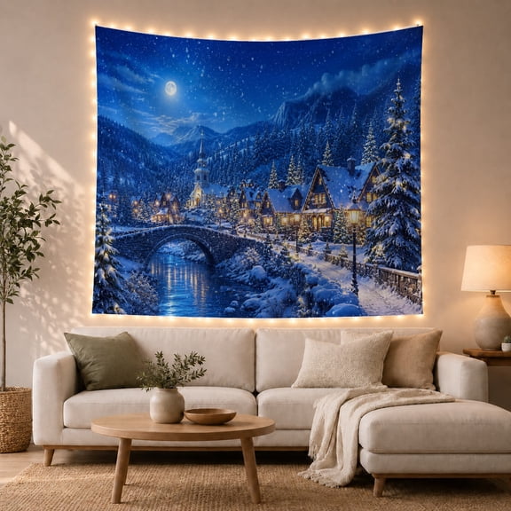 Snowy Village Under a Full Moon, Peaceful Illustration for Winter Art Lovers, Mountain Landscape Decor, Christmas Gift, Tapestry Wall Hanging for Bedroom and Living Room