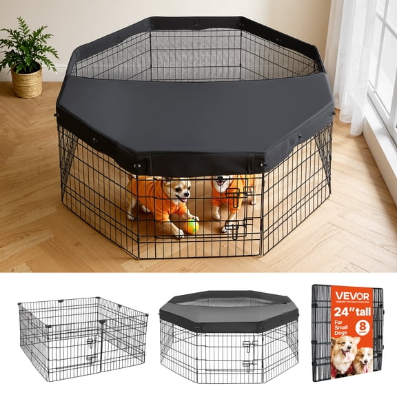 VEVOR Dog Playpen 24 Inch 8 Panels Foldable Exercise Pen with Top Cover, Indoor Metal Pet Fence with Door, Heavy Duty Puppy Crate Kennel, Pet Playpen for Dogs, Cats, and Other Small Animals, Black