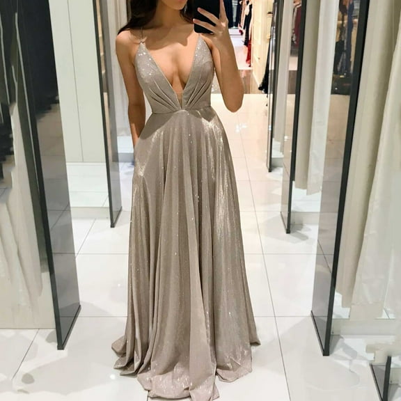 Wedding Guest Dresses for Women Summer Sparkle Semi formal Deep Vneck Maxi Dresses Bandage Lace Up Back Party Dress