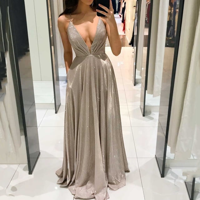 Robes d'Invitée de Mariage pour Femmes Été Scintillantes Semi-Formelles à Col en V Profond Robes Maxi Bandage à Lacets dans le Dos Robe de Soirée