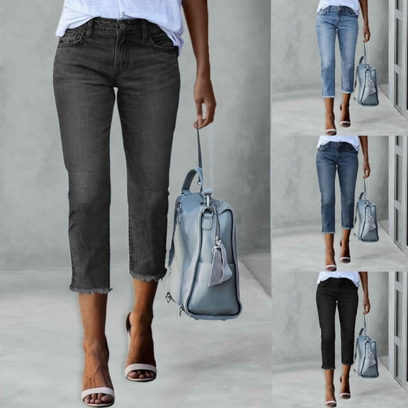 Hpapadks Women Jeans Stretchy Distressed Hem Washed Straight Leg Capri Denim Pant Pants for Women Black L