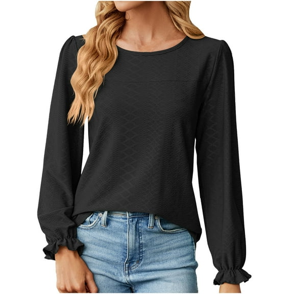 Perfectbot Womens Fashion Tops Ruffle Long Sleeves Round Neck Elegant Blouse Formal Bussiness Outfits Shirts