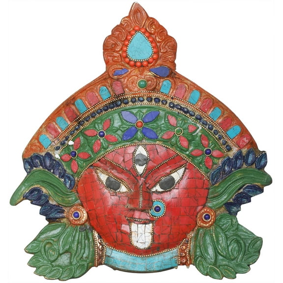 11" Goddess Kali Inlay Mask - Wall Hanging In Brass | Handmade | Made In India - Brass Statue With I