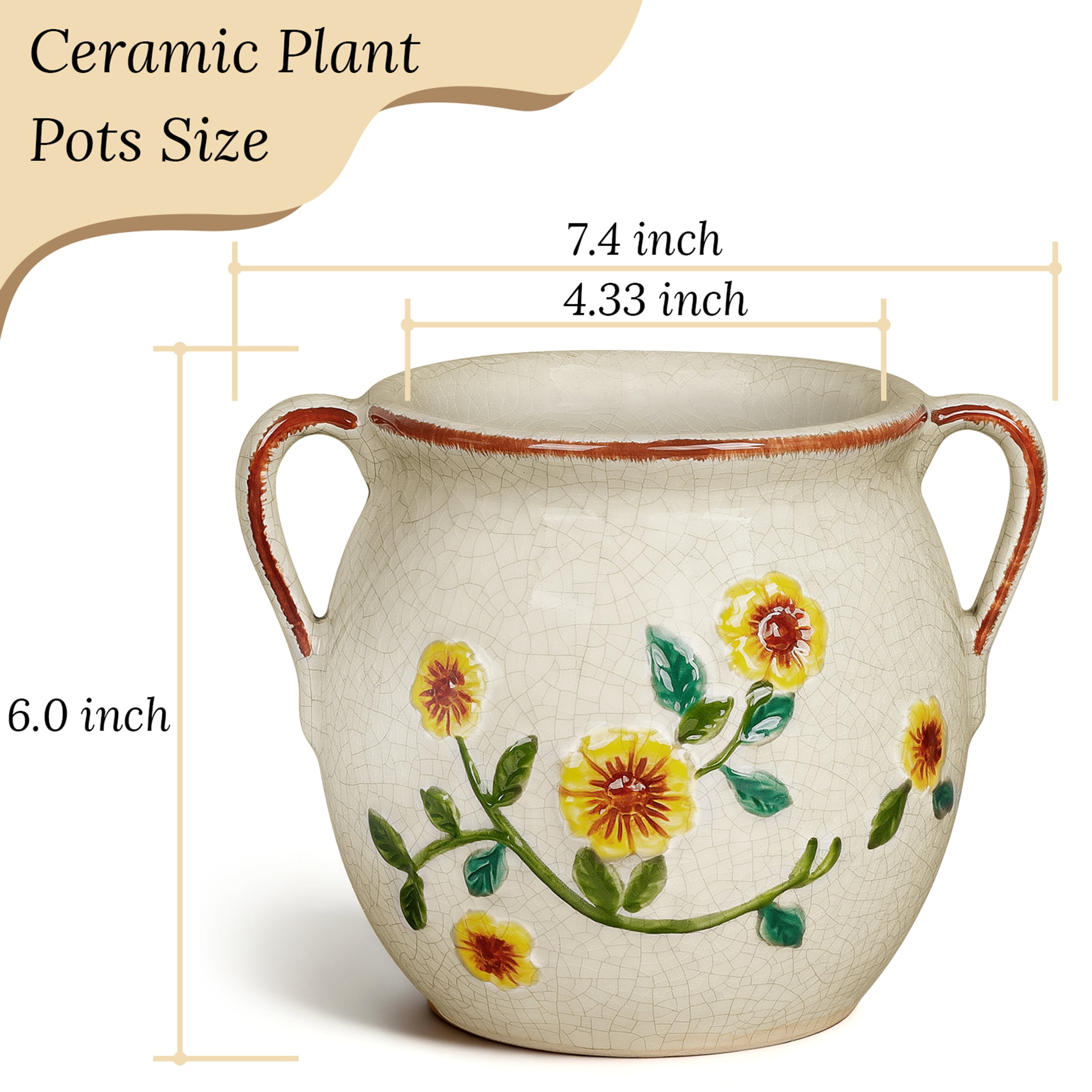 BUYMAX 6 inch Rustic Ceramic Planter with Handles, Embossed Sunflower Pot, Vintage Crackle Glaze Flower Container for Home & Garden Décor