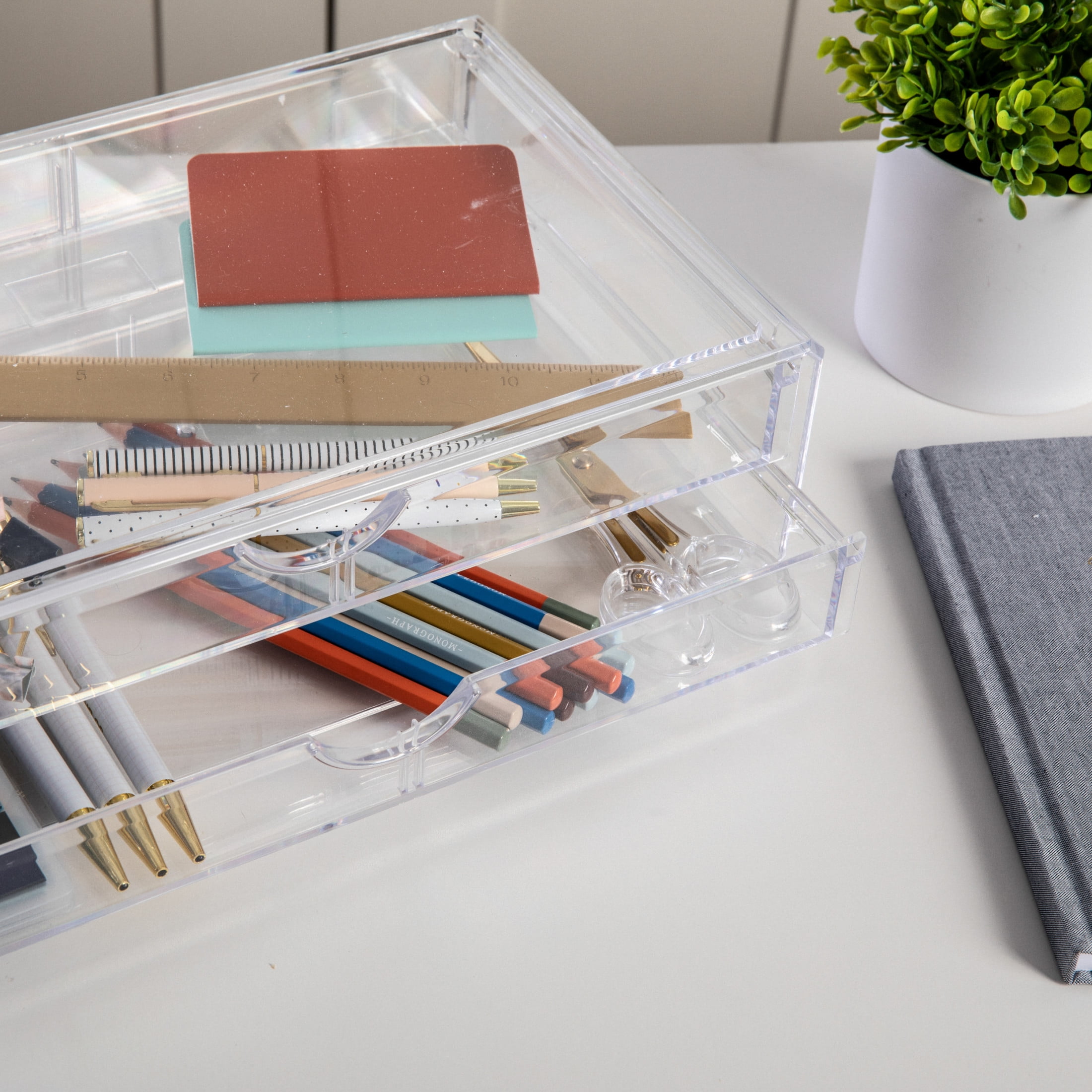 Martha Stewart Brody Plastic Stackable Office Desktop Organizer Box with 2 Drawers, 12.75" x 7.75"